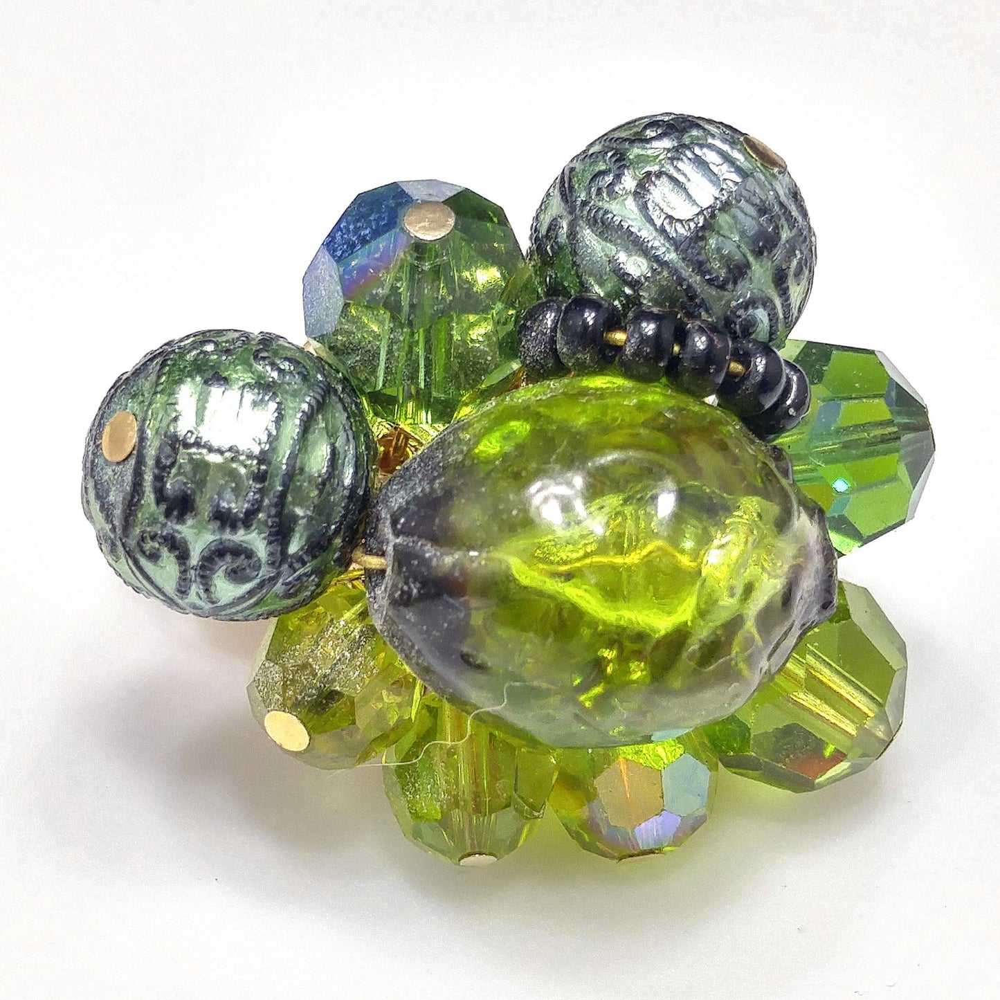 Vendome Green Beaded Earrings, Art Glass Aurora Borealis Beads, 1960s Vintage Jewelry