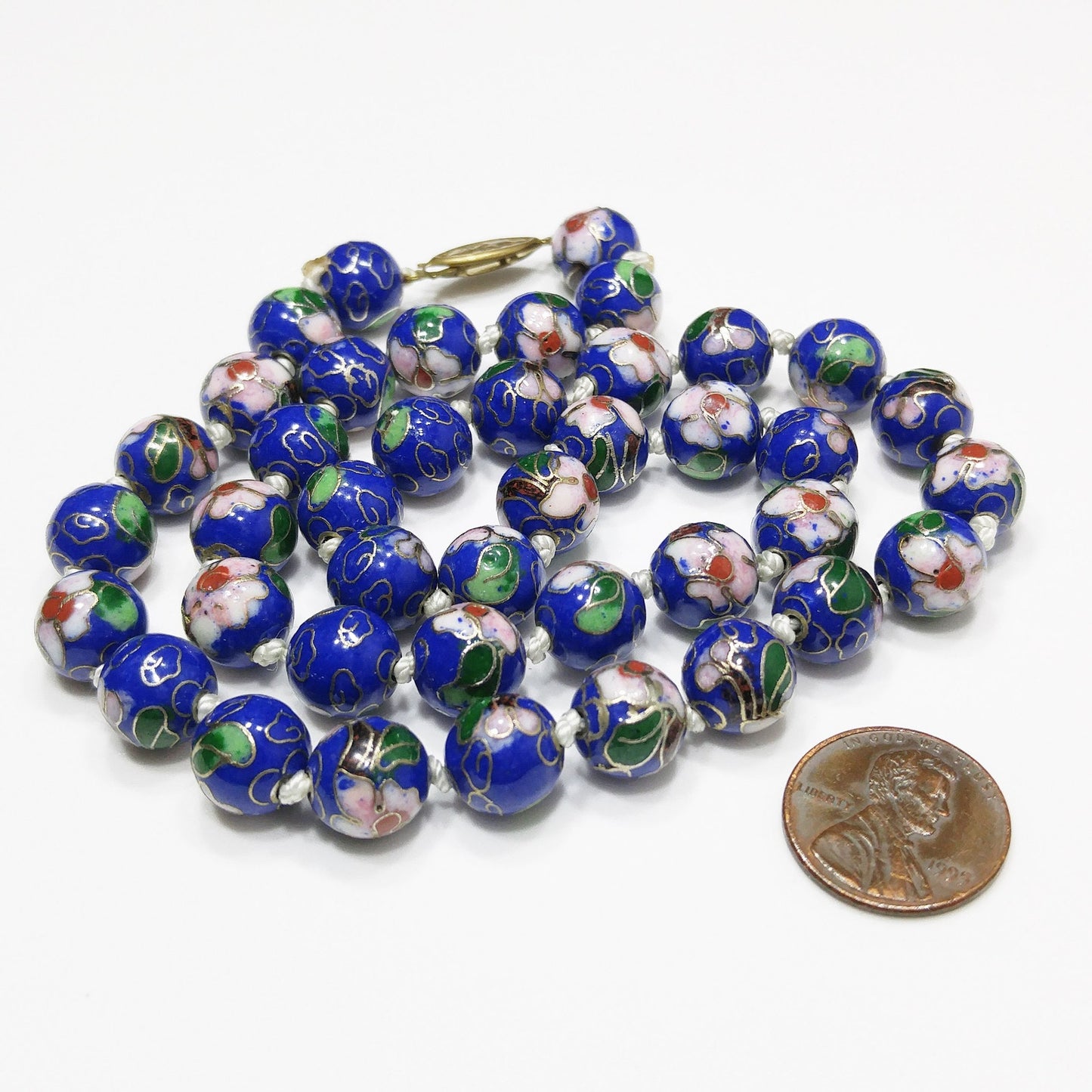 Cloisonne Blue Beaded Necklace, Floral Hand Painted Beads, 1960s Vintage Jewelry