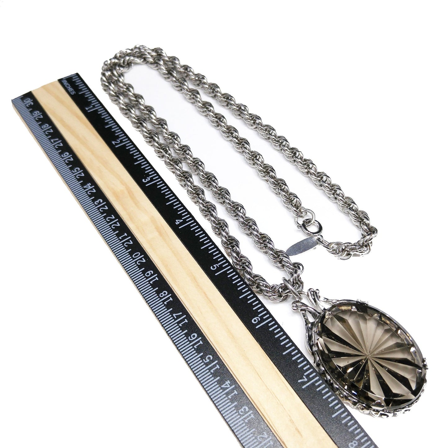 Whiting & Davis Smoky Tourmaline Faceted Pendant Necklace, Rope Chain, 1960s