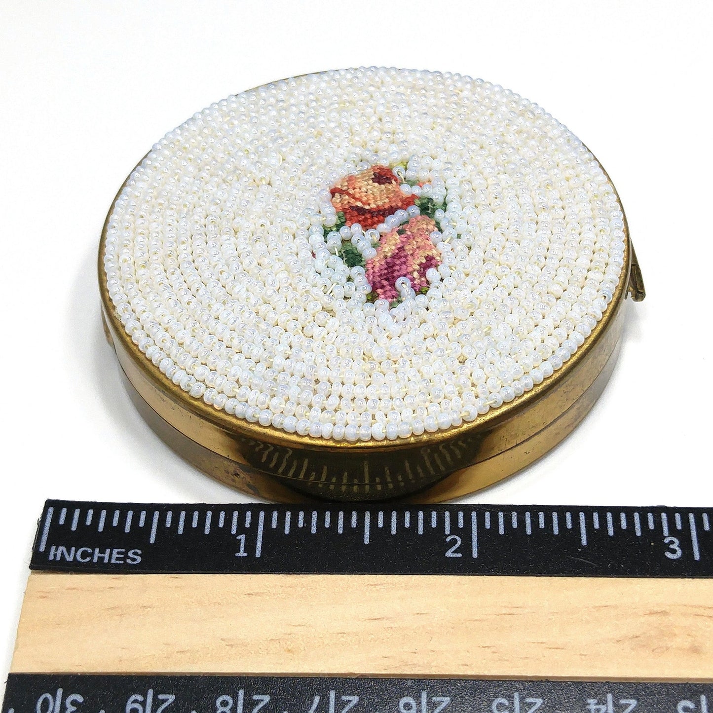 Vintage White Beaded Petitpoint Compact, Schildkraut, Coty Powder, 1950s Vintage Accessory