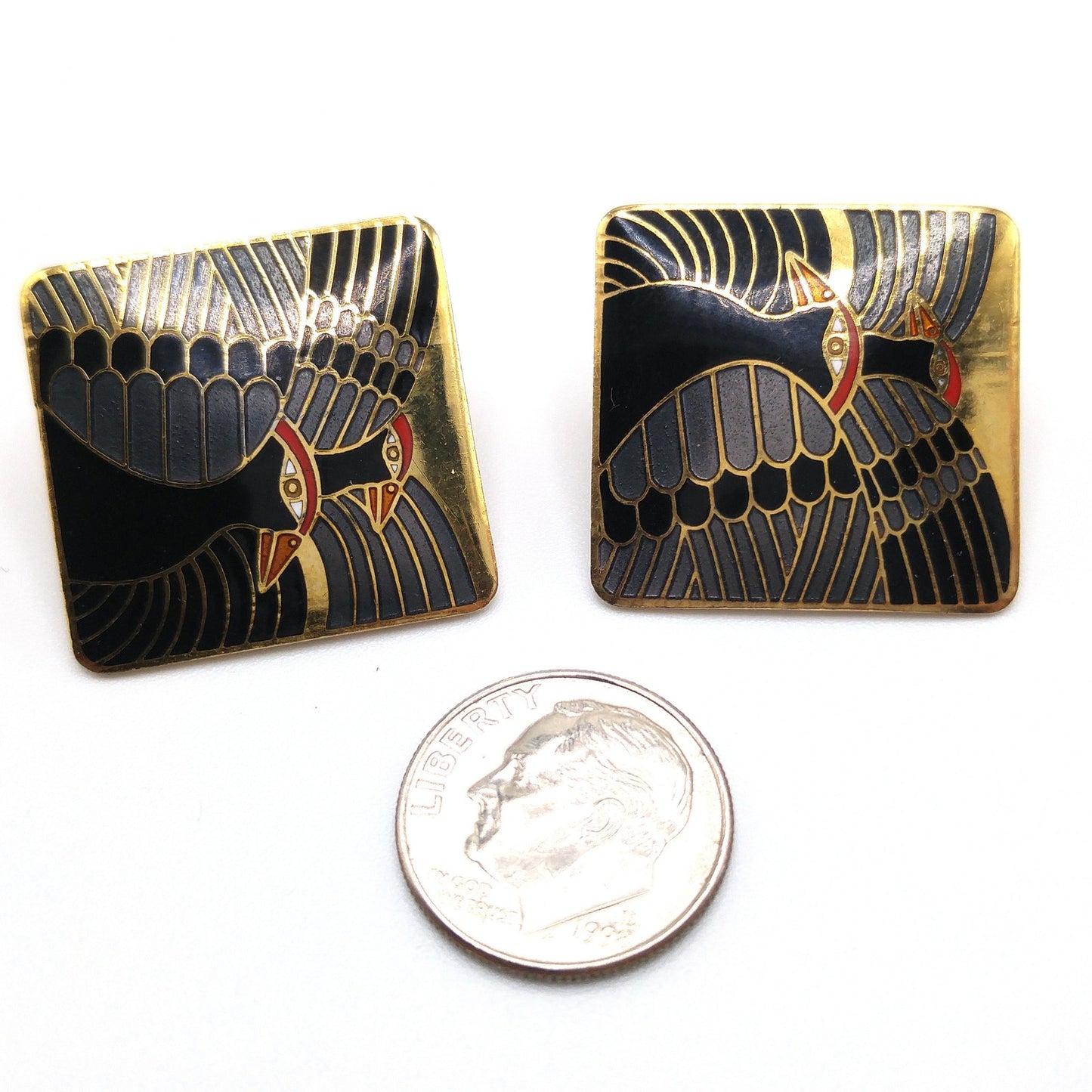 Vintage Laurel Burch "Moondoves" Clip Earrings, Black Birds, Gold Plated