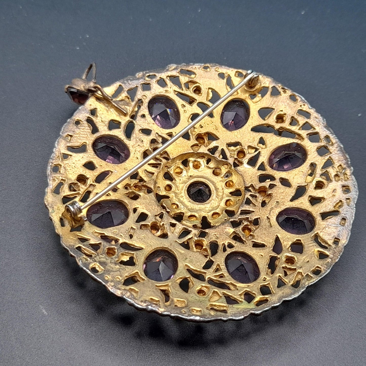 Vintage 1930s Purple Glass Brooch Pendant, Pot Metal, 3 1/2 Inches