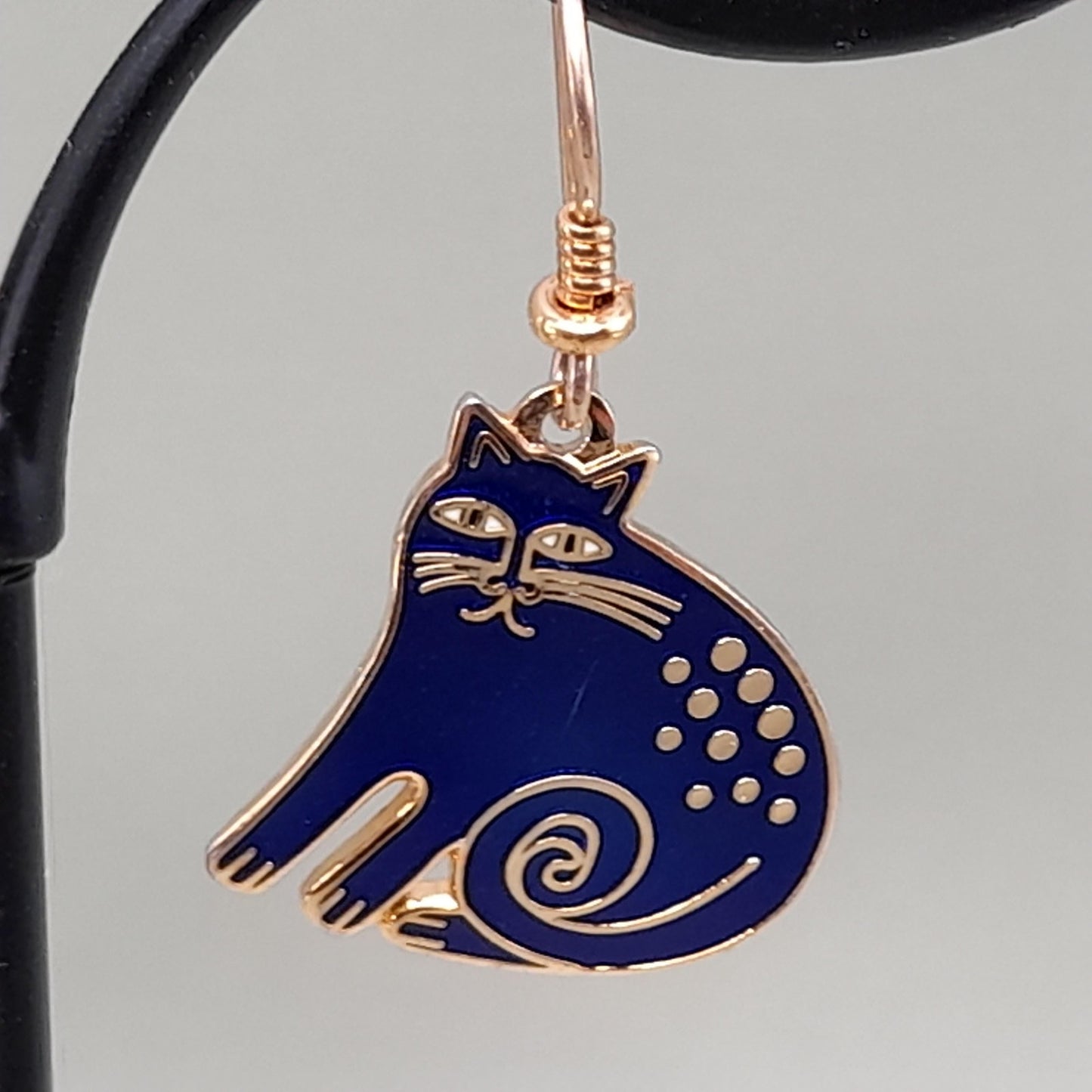 Vintage Laurel Burch "Keshire Cat" Drop Earrings, Blue Enamel, Gold Plate, 1980s Jewelry