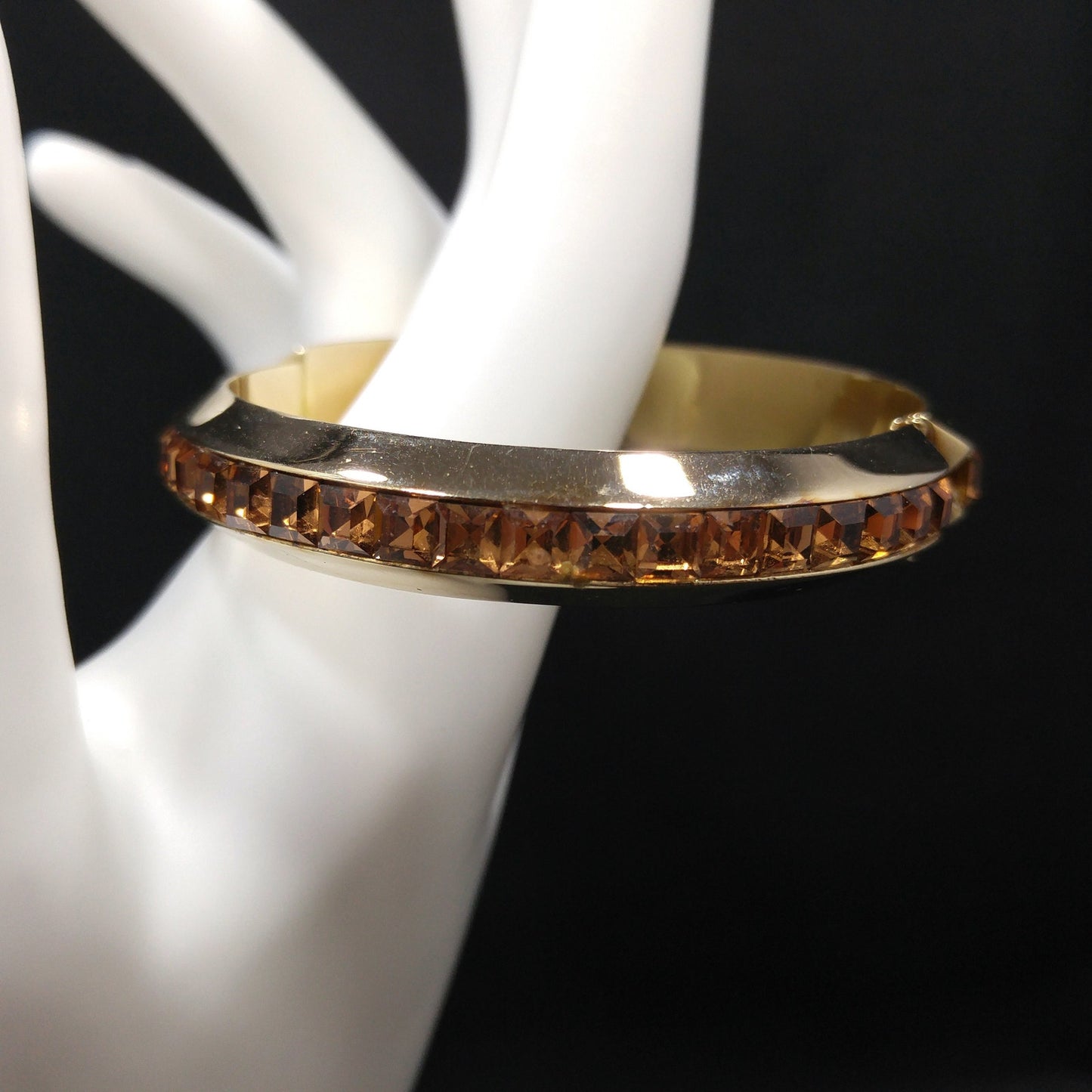 Whiting & Davis Topaz Square Rhinestone Hinged Bracelet, Bezel Set, 1960s Vintage Jewelry