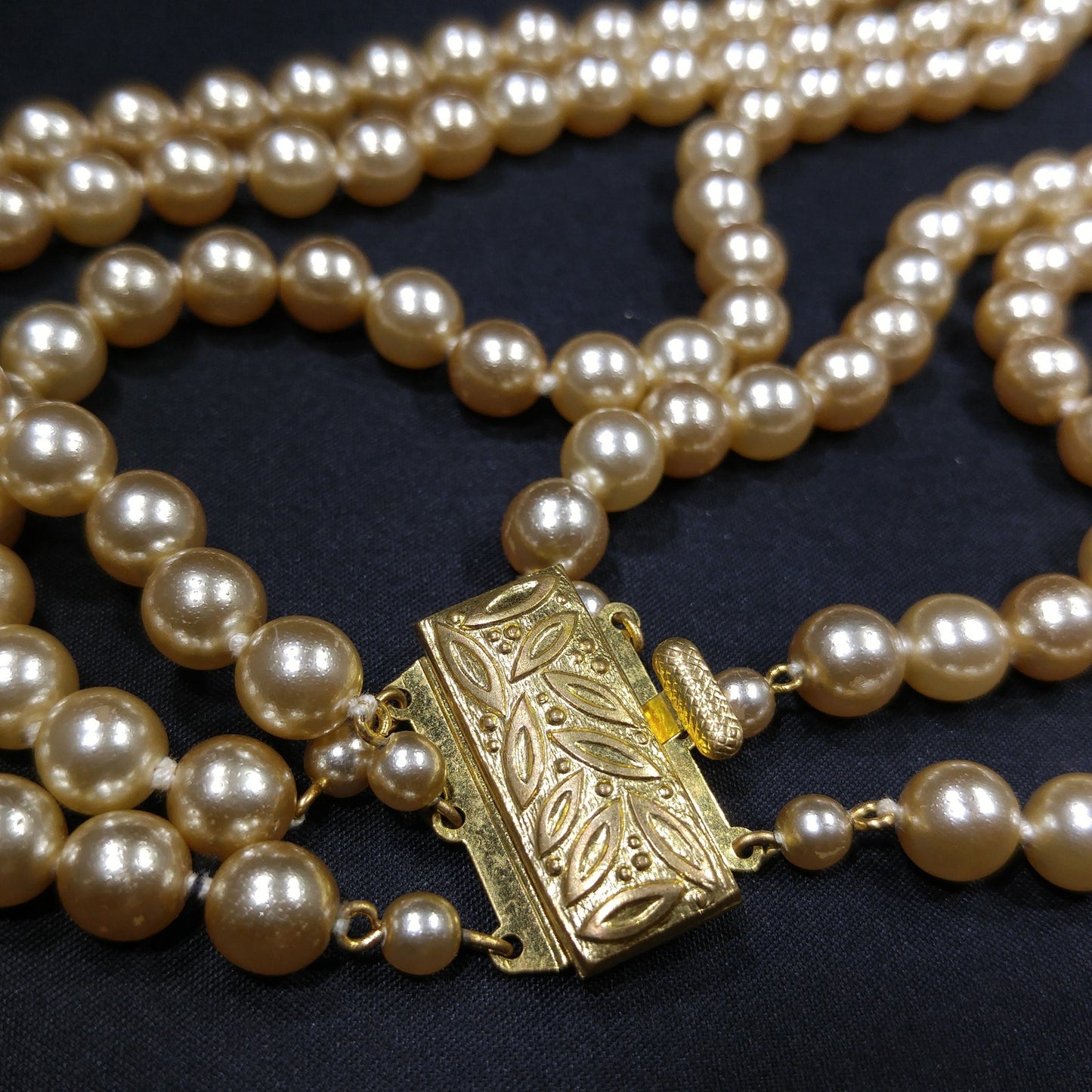 Faux Pearl Champagne Necklace, Three Strands, Glass Pearls, 1960s Vintage Jewelry