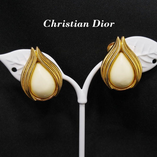 Christian Dior Cream Gold Plated Earrings, Rose Bud Shaped, 1980s Vintage Jewelry
