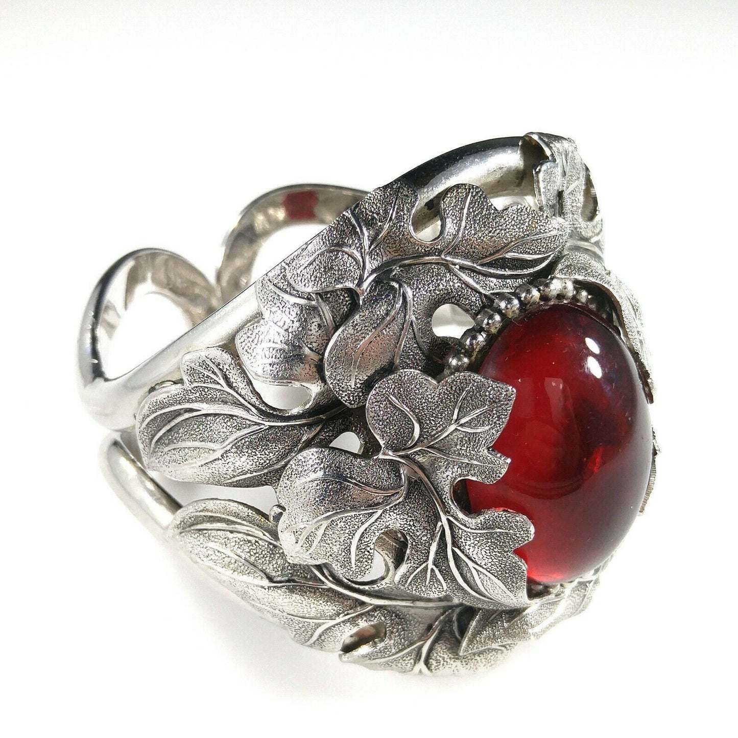 Vintage Whiting & Davis Hinged Cuff Bracelet, Red Glass Cabochon, Rhodium Plated, 1960s Vintage Jewelry