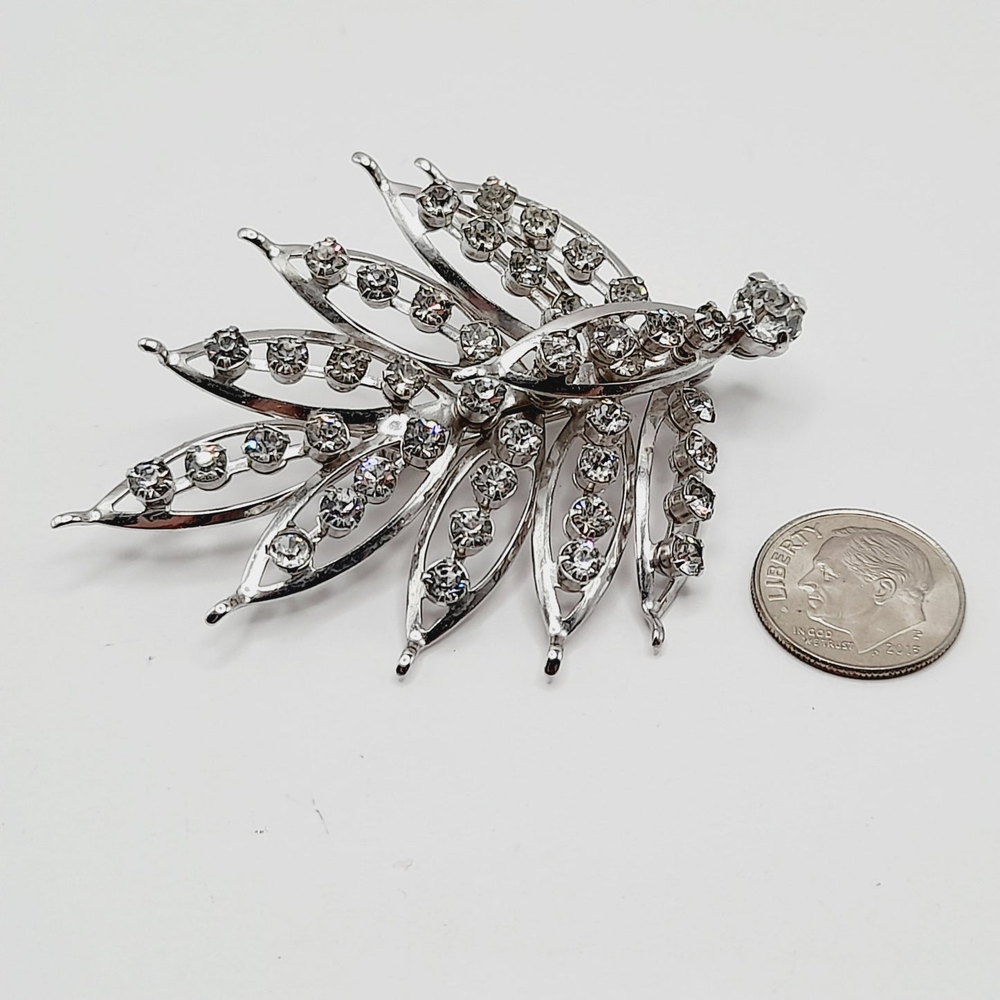 Vintage Clear Rhinestone Leaf Brooch Silver Tone Pin - 2 3/4 Inches Lightweight