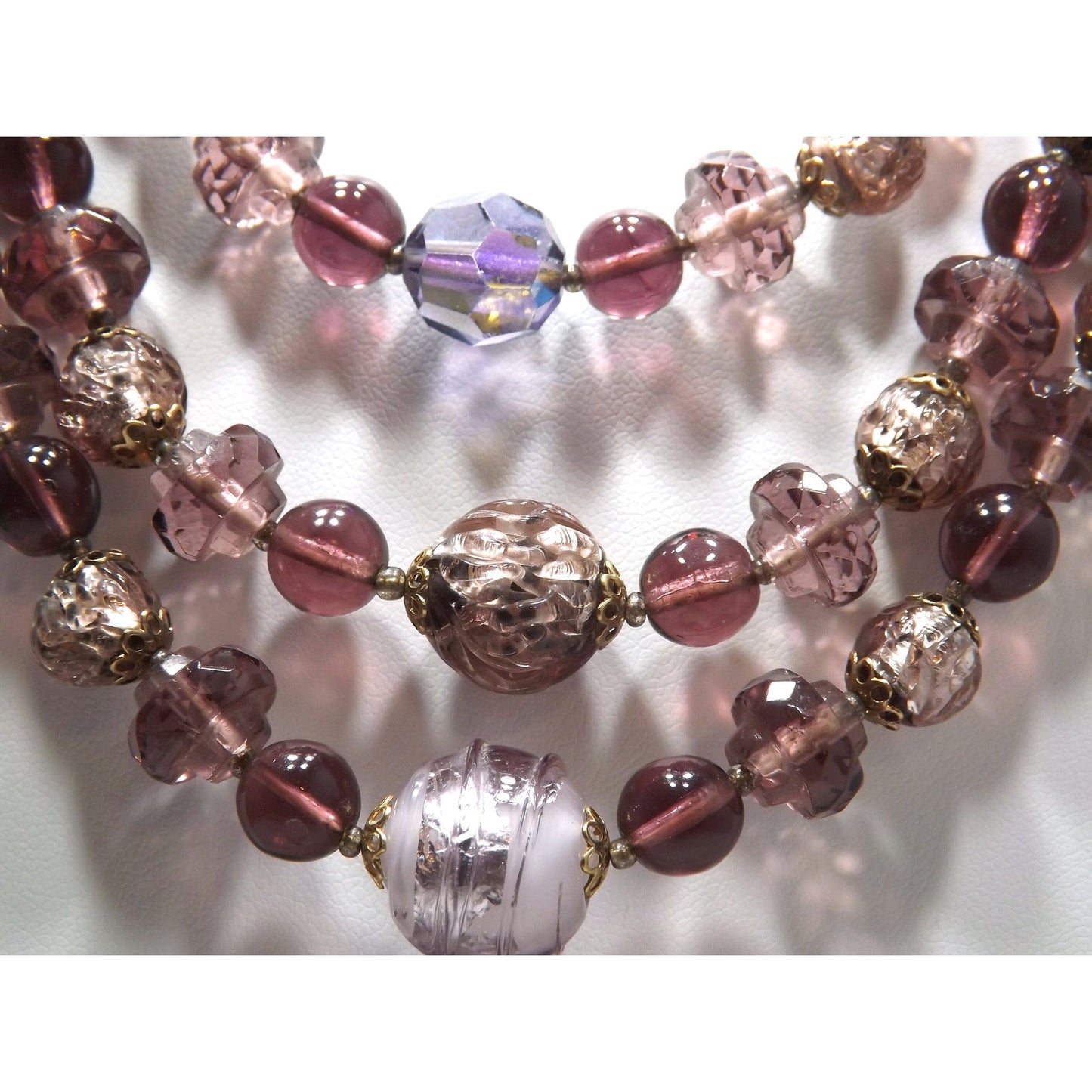 Art Glass Purple Gold Foil Beaded Necklace, Three Strands, 1960s Vintage Jewelry