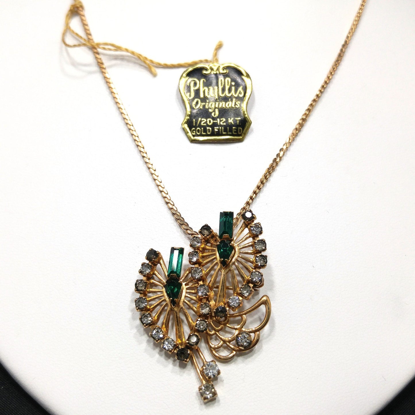Phyllis Originals Green Rhinestone Pendant Brooch Necklace, Gold Filled, Paper Tag, 1950s Vintage Jewelry