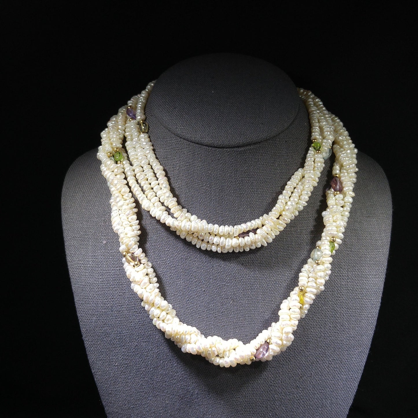 Sand Pearls & Gemstones Long Twisted Necklace, 4 Strands, No Clasp, 1970s Vintage Jewelry