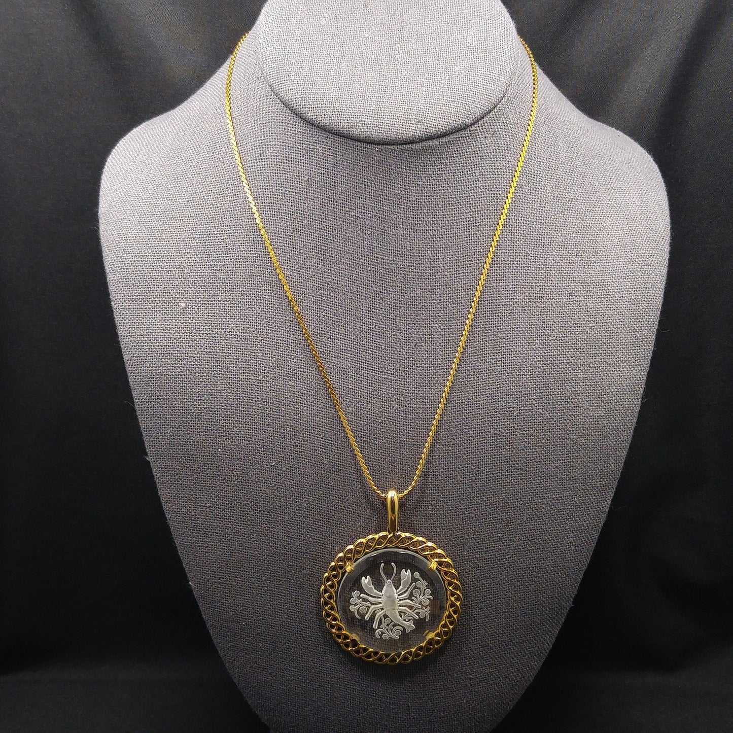 Vintage Crown Trifari Zodiac "Cancer" Necklace, Glass Intaglio Crab, Gold Plated, 1960s Vintage Jewelry