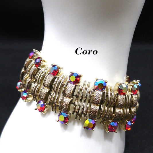 Coro Red Aurora Borealis Rhinestone Link Bracelet, Gold Plated, 1960s Vintage Jewelry