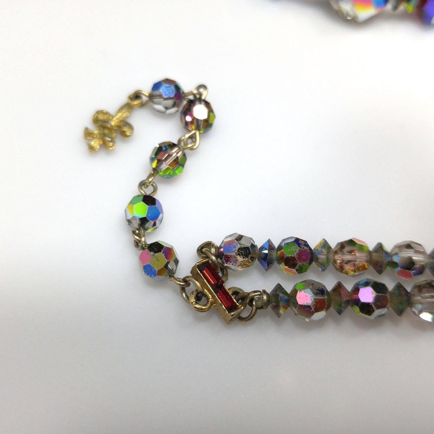 Vendome Red Crystal Two Strand Necklace, Aurora Borealis, 1960s Vintage Jewelry