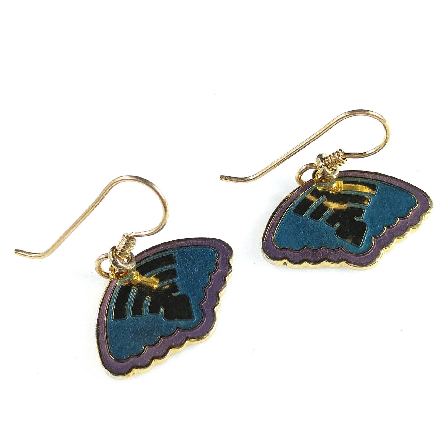 Vintage Laurel Burch Teal & Purple Enamel Drop Earrings, Gold Plated