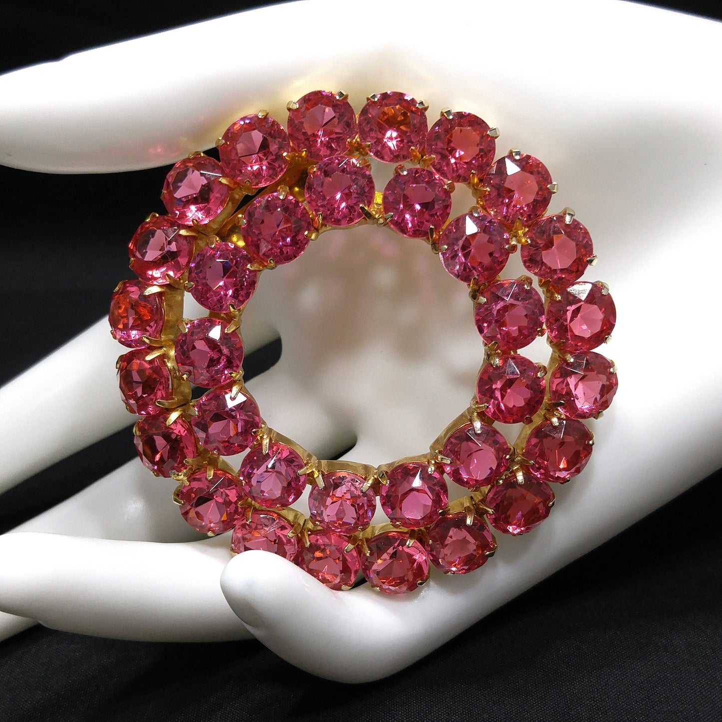 Pink Rhinestone Round Brooch, Gold Plated, Open Back Stones, 1960s Vintage Jewelry