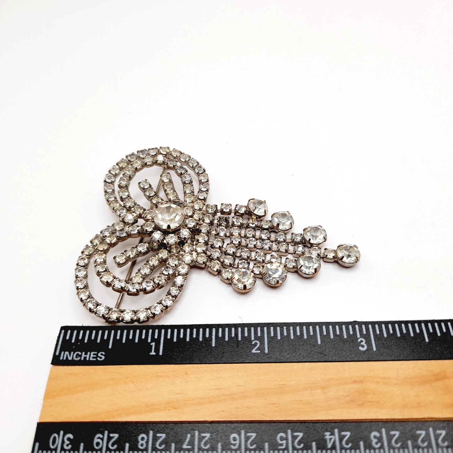 Vintage Clear Rhinestone Bow Brooch, Silver Tone Dangle Design, Midcentury Sparkle, 2 3/4 Inches