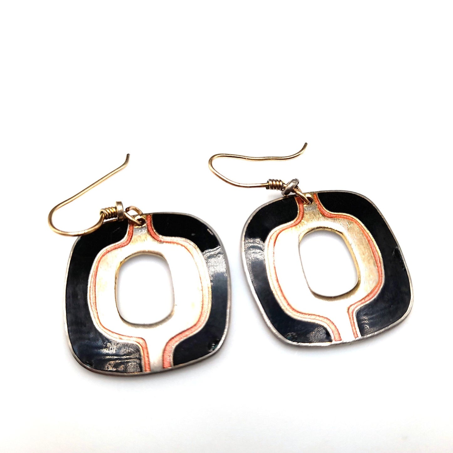 Vintage Laurel Burch Black Gold Drop Earrings, Open Center, Pink Metallic Ring