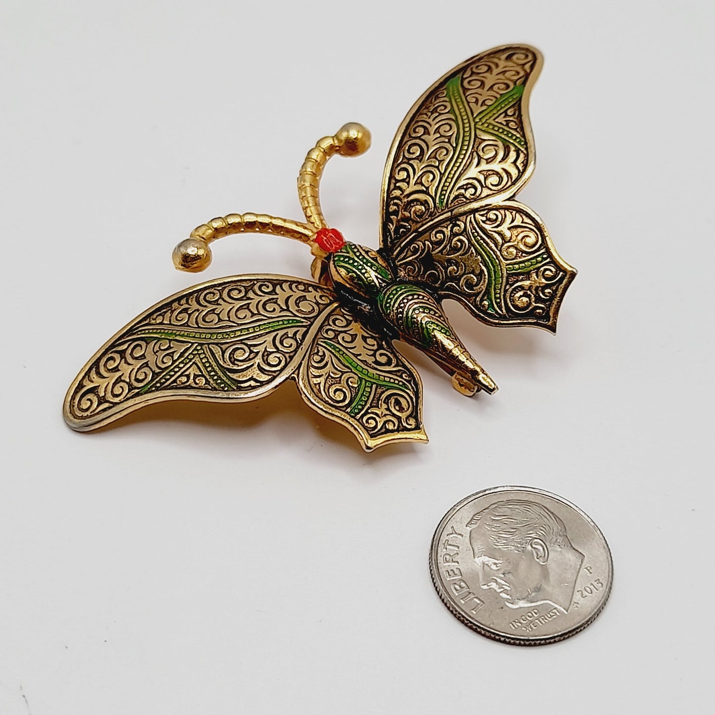 Vintage Damascene Butterfly Brooch, Gold Tone Green Black Red Enamel – 2 ¾”