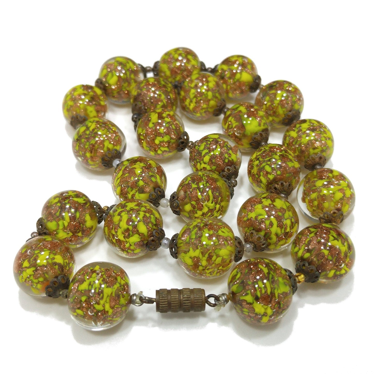 Vintage Green Venetian Glass Beaded Necklace, Copper Aventurine Italian Beads, 1930s Vintage Jewelry