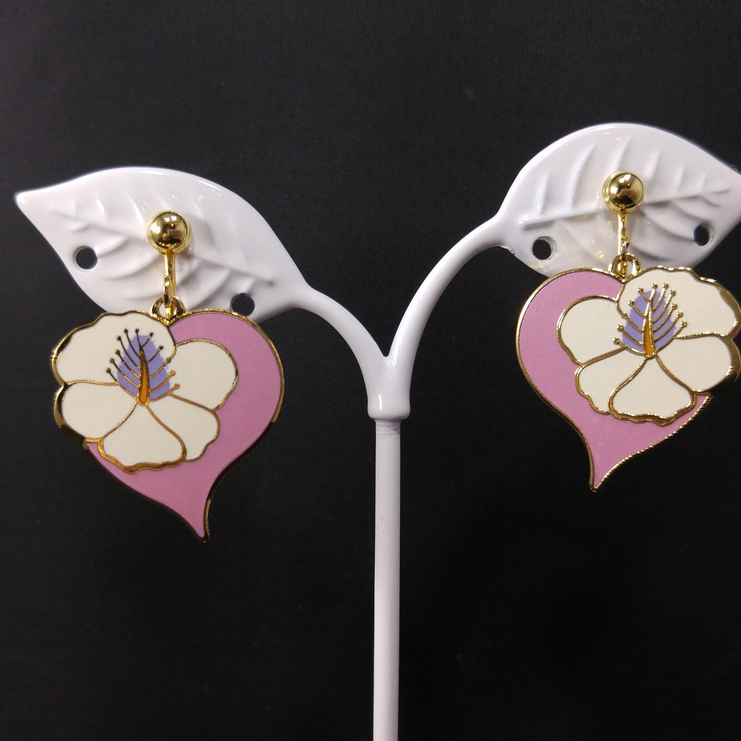 Vintage Laurel Burch "Hibiscus Heart" Clip Earrings, Cloisonne Gold Plated, 1980