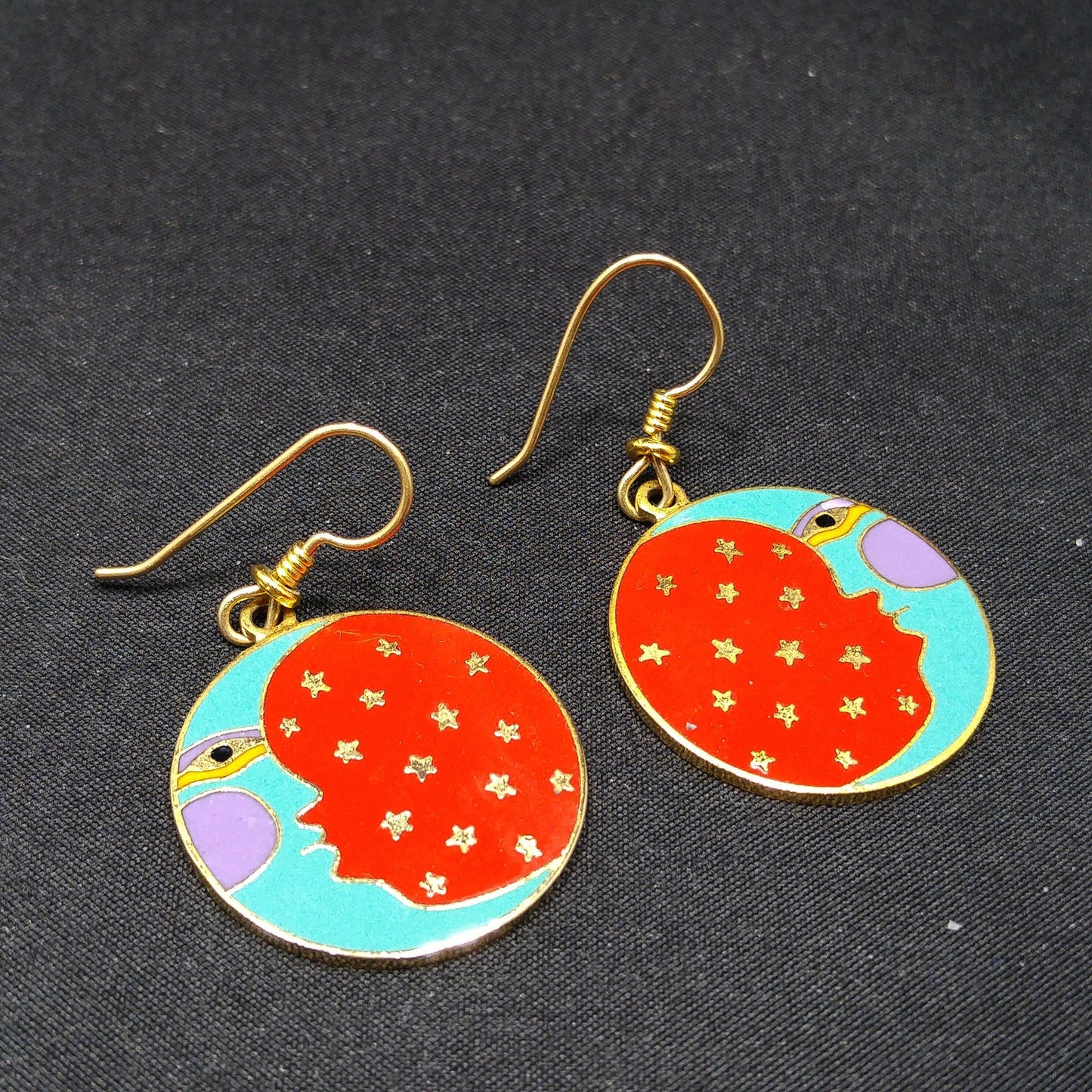 Vintage Laurel Burch "Moonface" Earrings, Moon Sky Stars Celestial, 1980s Vintage Jewelry