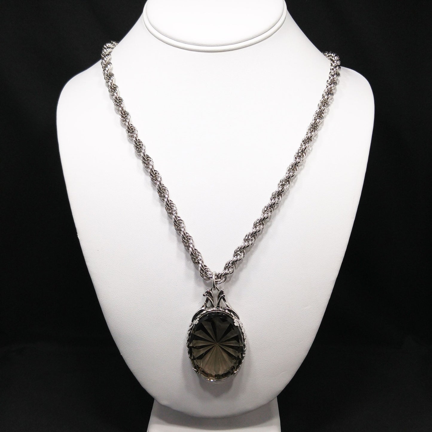 Whiting & Davis Smoky Tourmaline Faceted Pendant Necklace, Rope Chain, 1960s