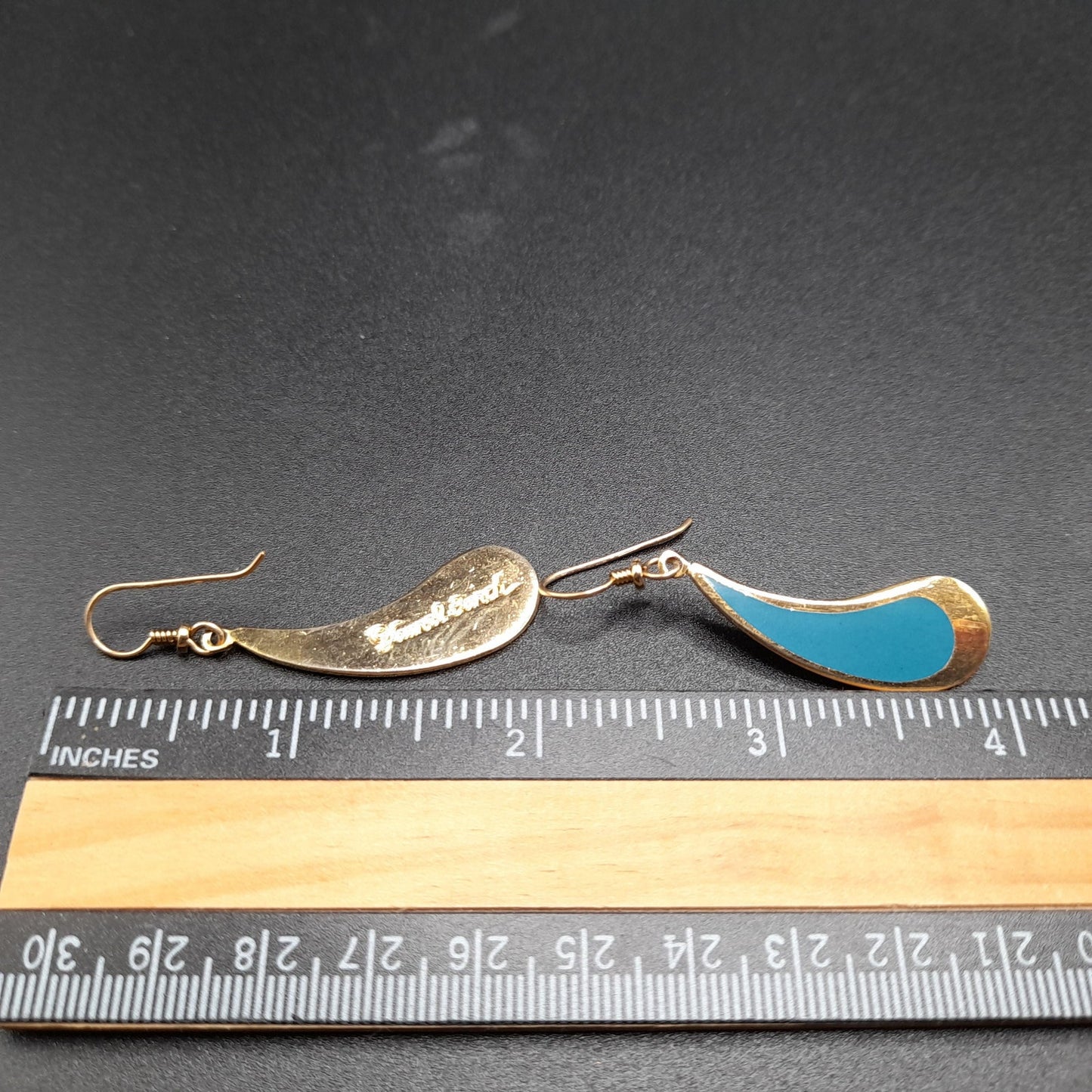 Vintage Laurel Burch Turquoise Drop Earrings, Curved Teardrop, Gold Plated