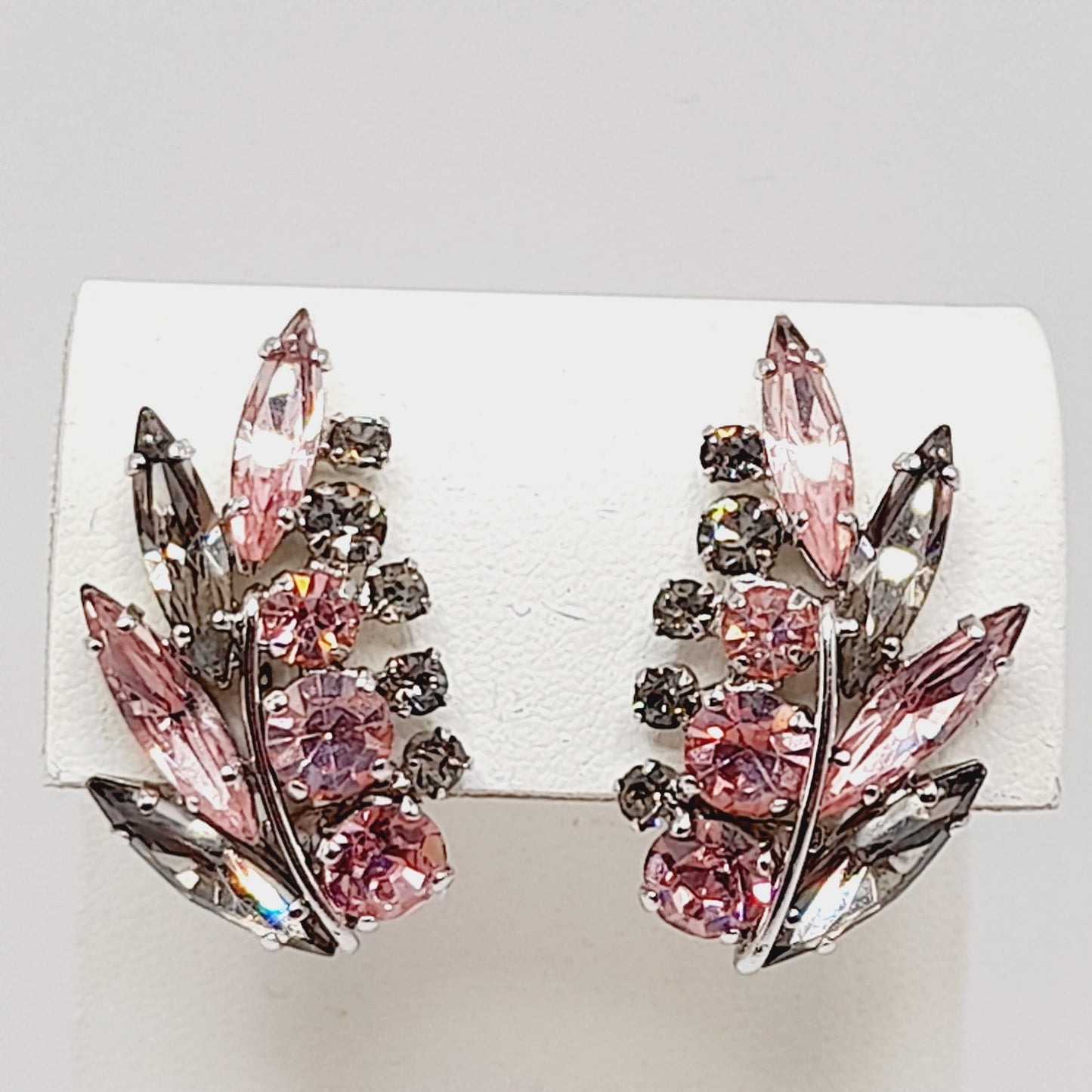 Vintage Sherman Pink Silver Floral Spray Rhodium Plated Clip Earrings