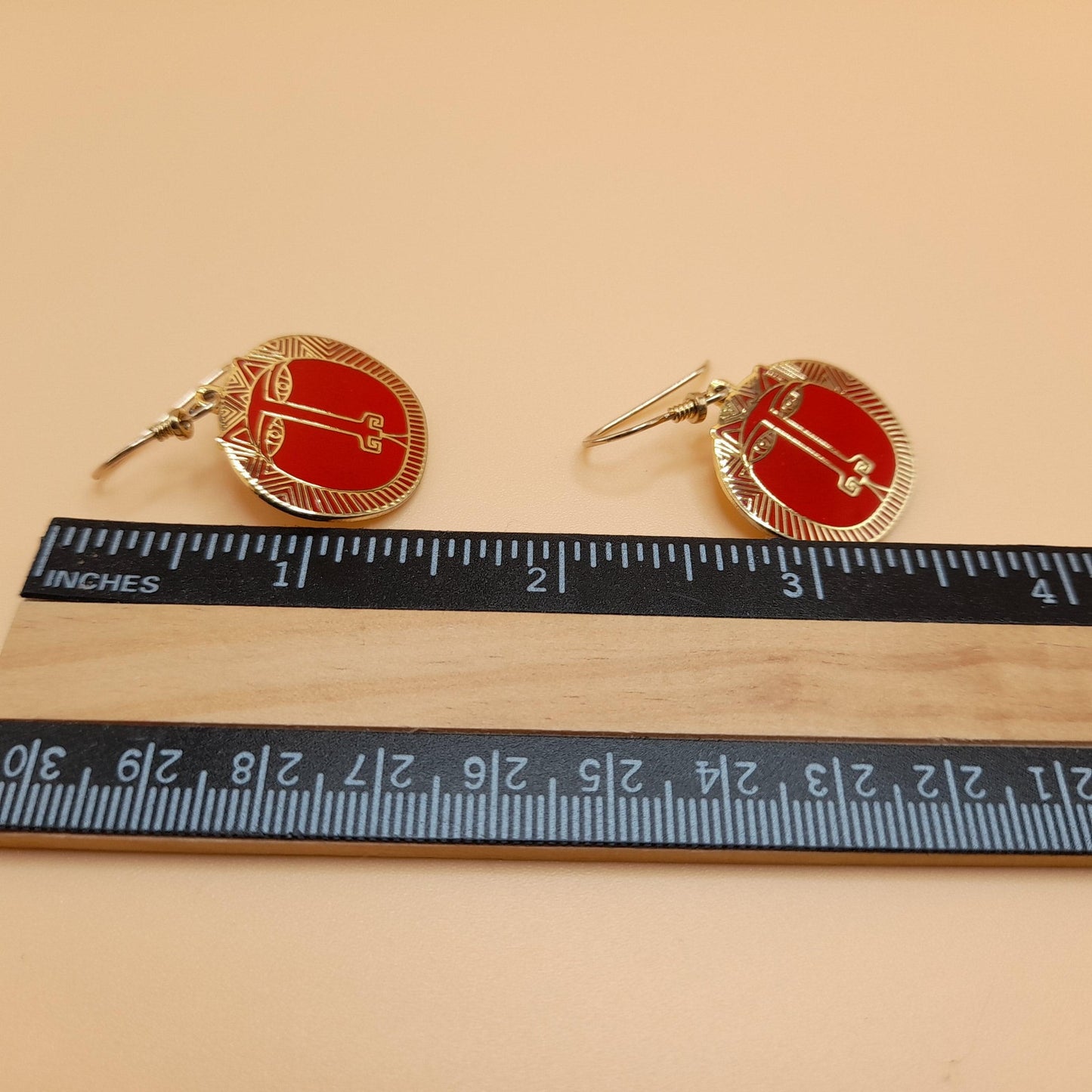 Laurel Burch "Moon Tiger" Red Drop Earrings, Gold Plated Cloisonné, Red Enamel, 1980s Vintage Jewelry