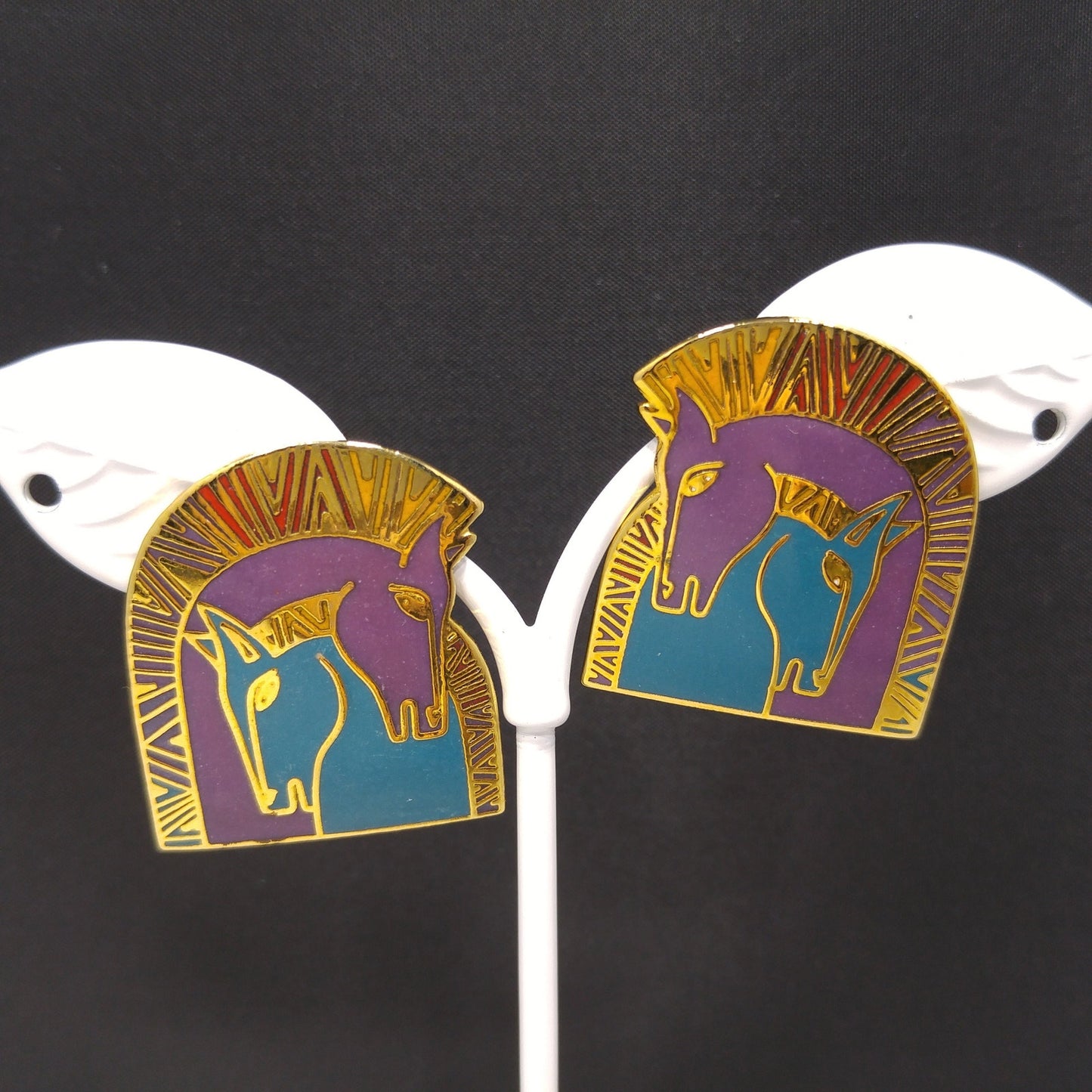 Laurel Burch "Embracing Horses" Post Earrings, Purple & Teal Enamel, Gold Plated