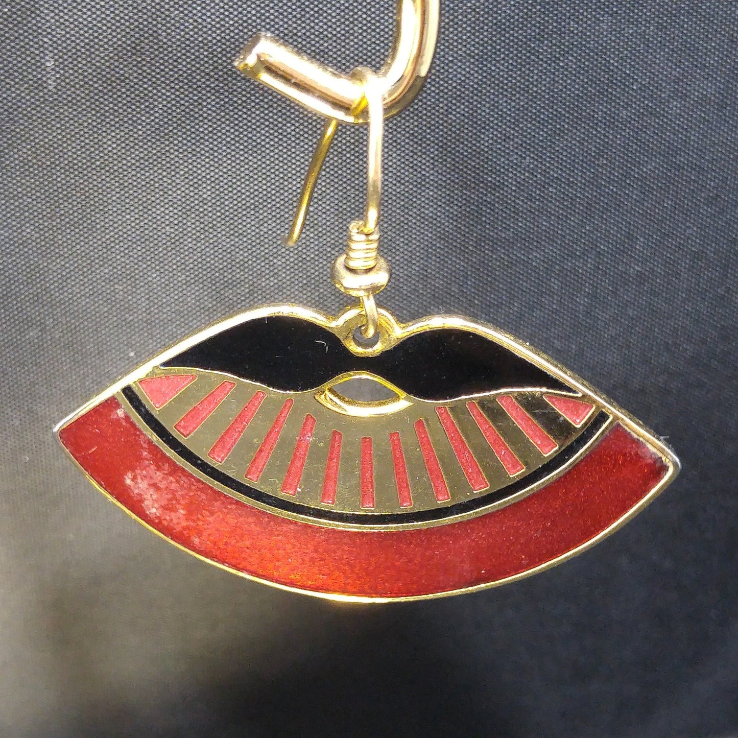 Laurel Burch Metallic Red Fan Earrings, Cloisonne Gold Plate Enamel, 1980s Vintage Jewelry