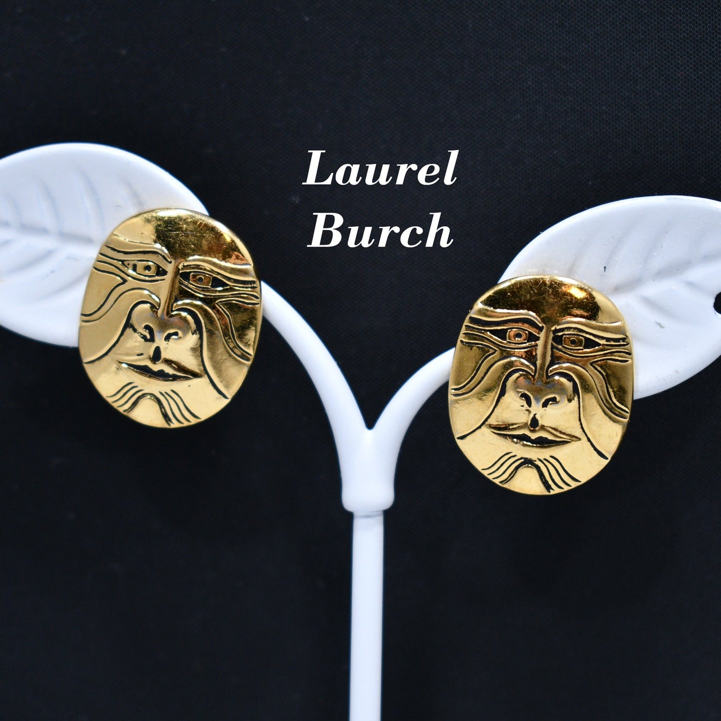 Laurel Burch Eiko Post Earrings, Gold Plated, Japanese Mask, 1980s Vintage