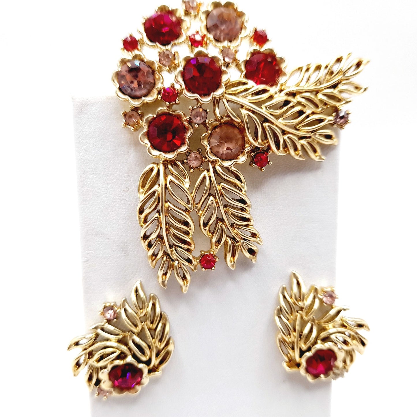 Vintage 1950s Pink Red Rhinestone Brooch Earrings Set, Gold Tone Floral Jewelry, Mid-Century Designer Statement Jewelry