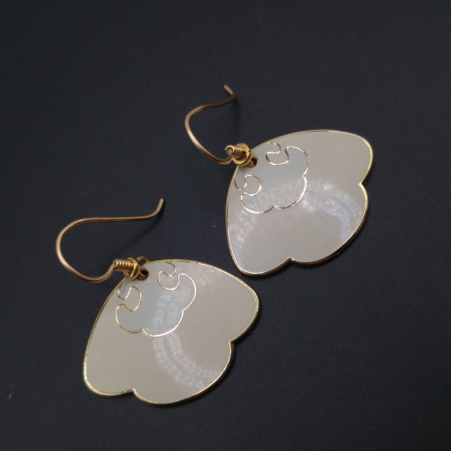 Vintage Laurel Burch Beige Enamel Drop Earrings, Gold Plated