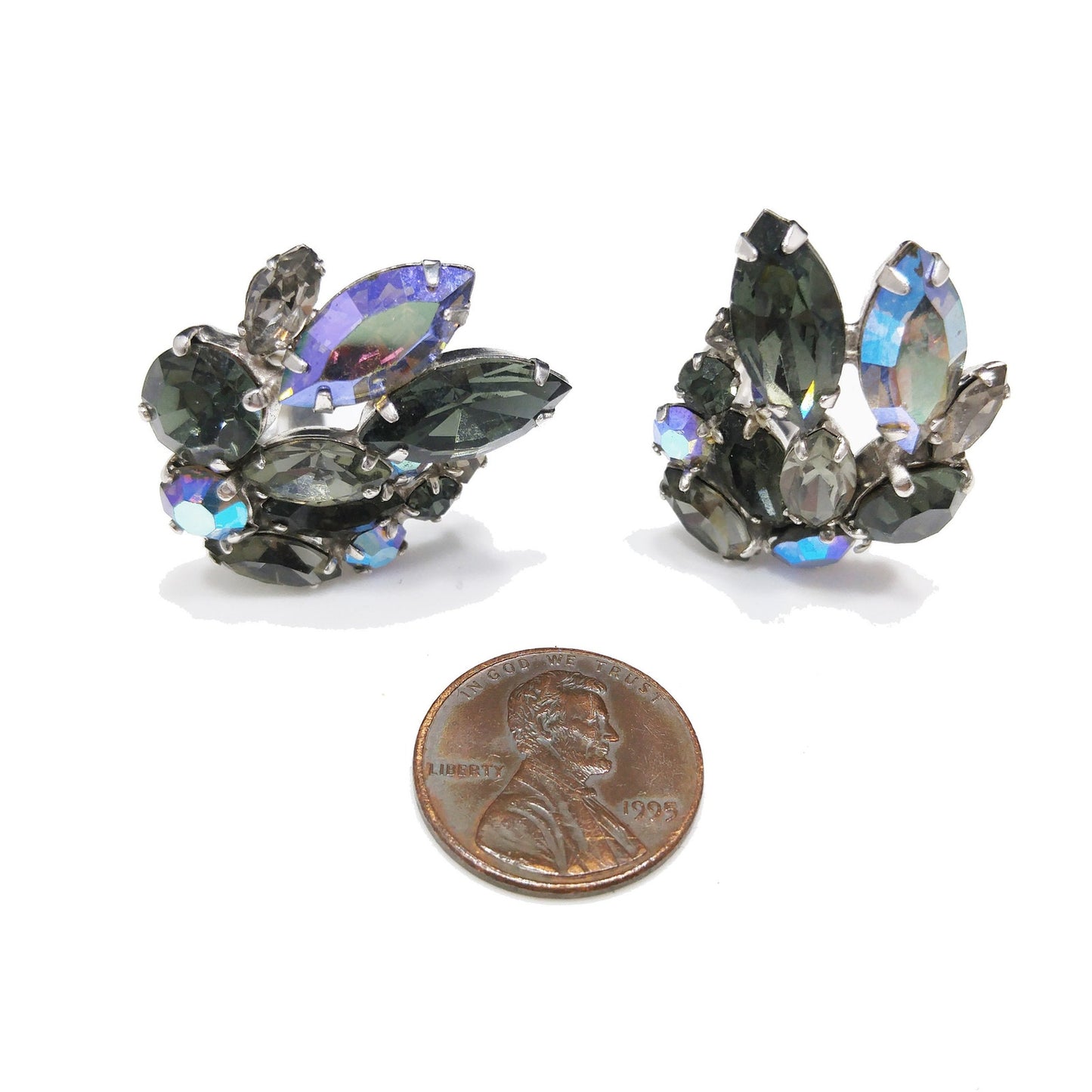 Sherman Black Diamond Rhinestone Earrings, Aurora Borealis, 1960s Vintage Jewelry