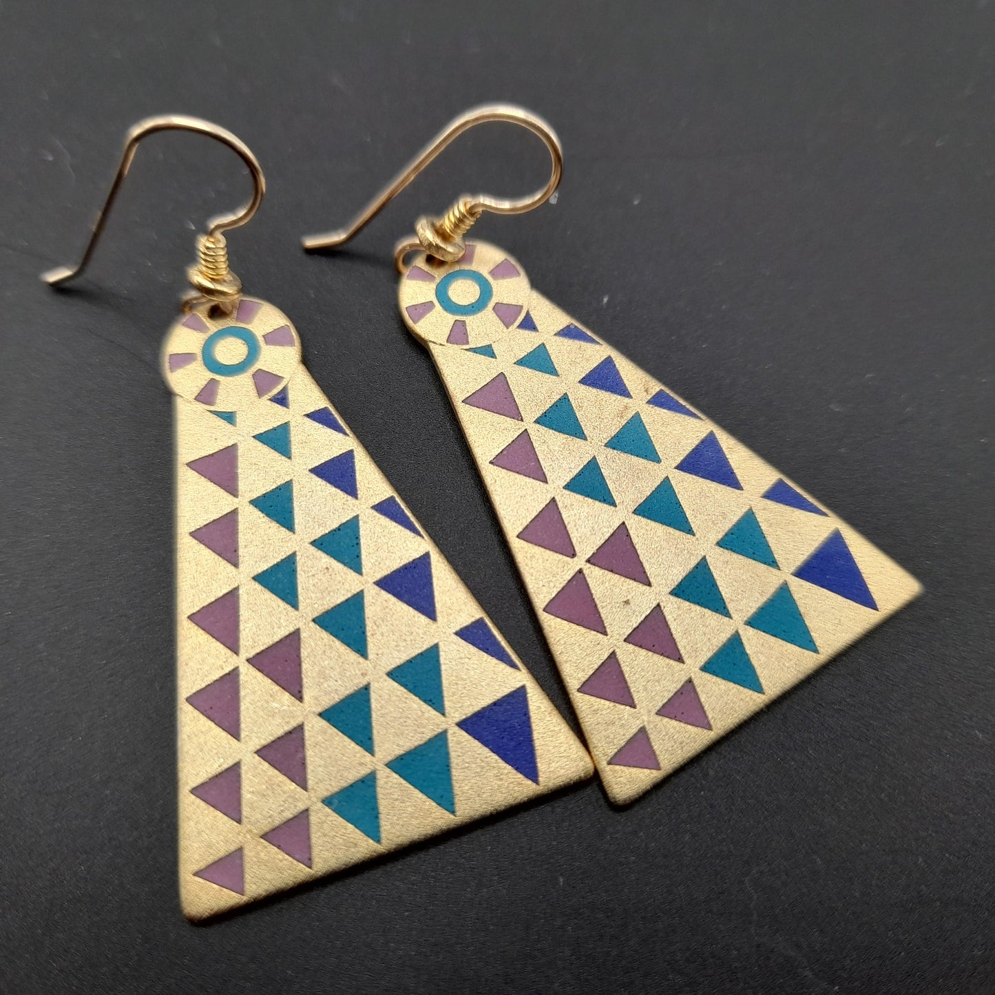 Laurel Burch Geometric Long Earrings, Gold Filled Ear Wires, 1980s Vintage Jewelry