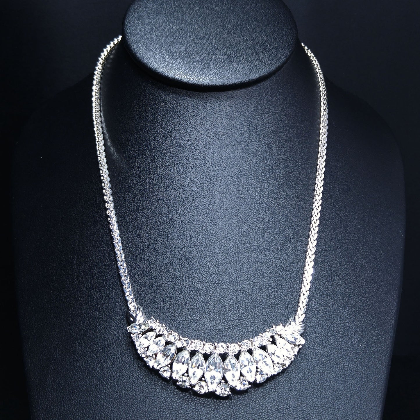 Trifari TM Clear Rhinestone Frontal Necklace, Silver Tone, 1980s Vintage Jewelry
