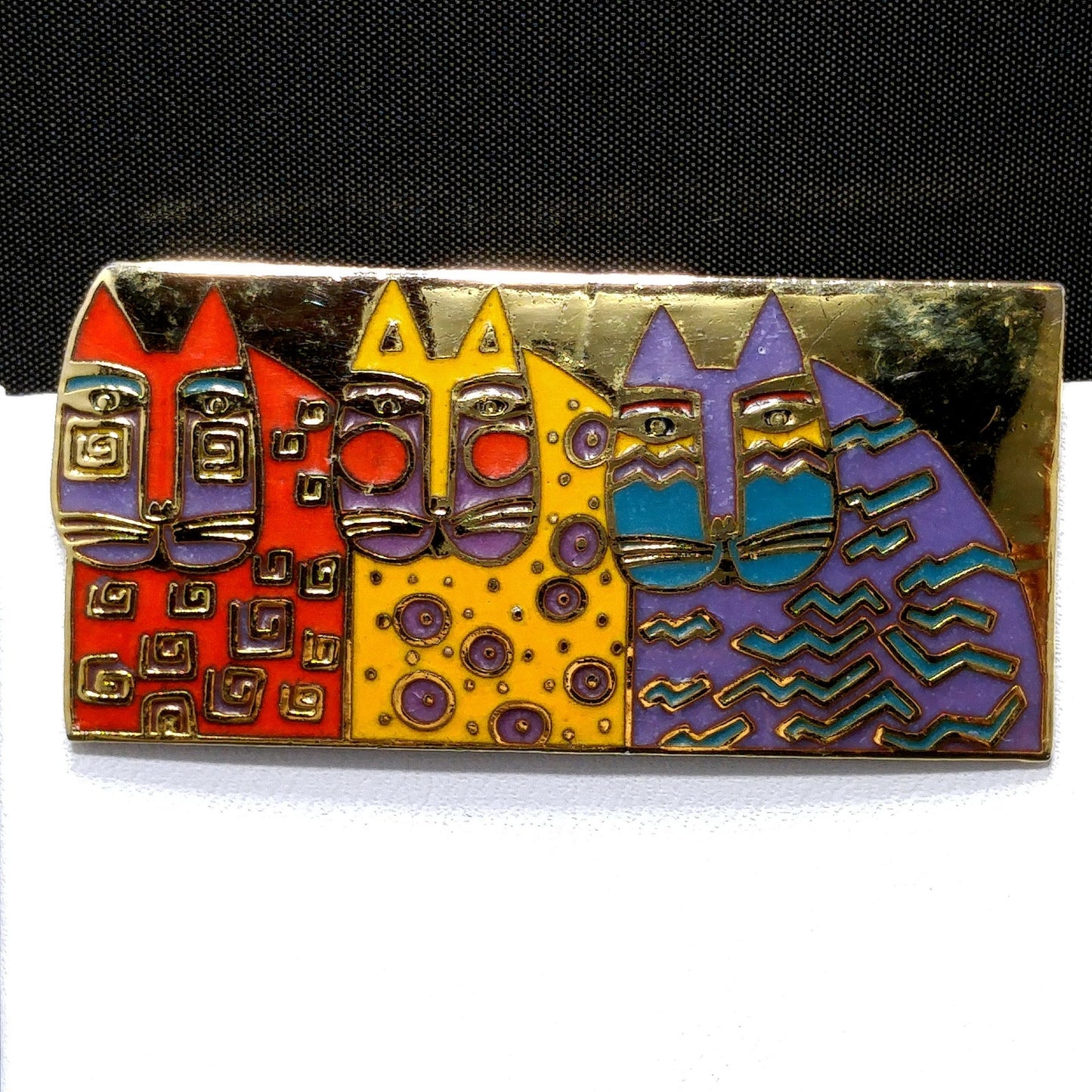 Laurel Burch "Wild Cats" Cloisonné Brooch, Three Cats Pin, 1980s Vintage Jewelry