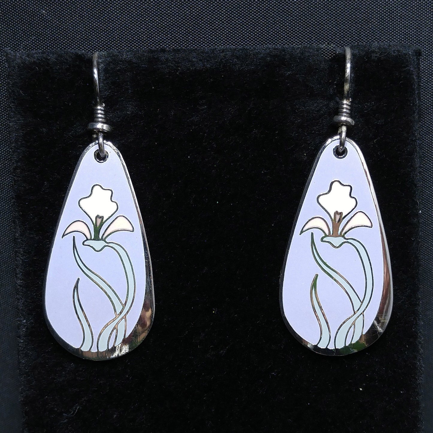 Laurel Burch "Wild Iris" Cloisonne Earrings, Enamel in Lavender White & Pink