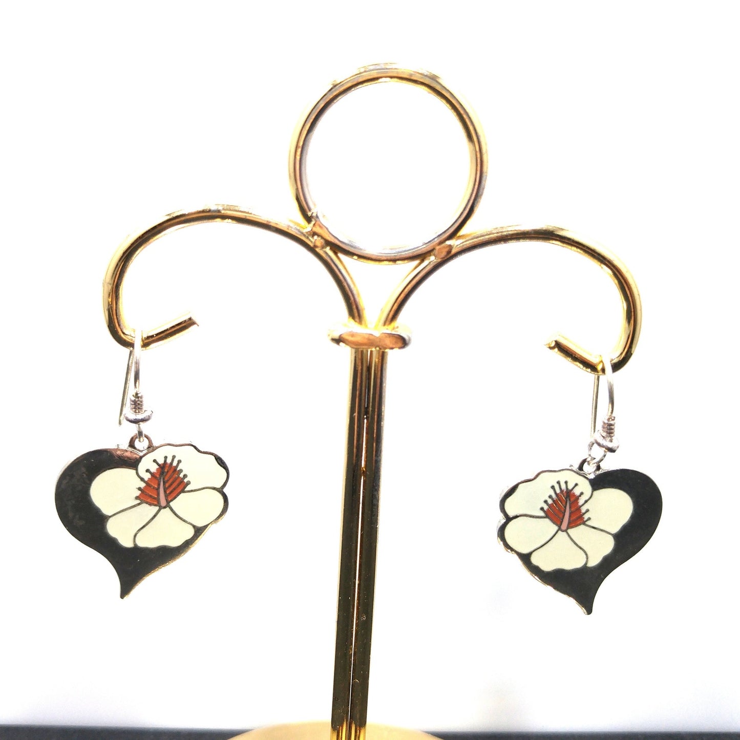 Vintage Laurel Burch "Hibiscus Heart" Earrings, Enamel Rhodium Plated