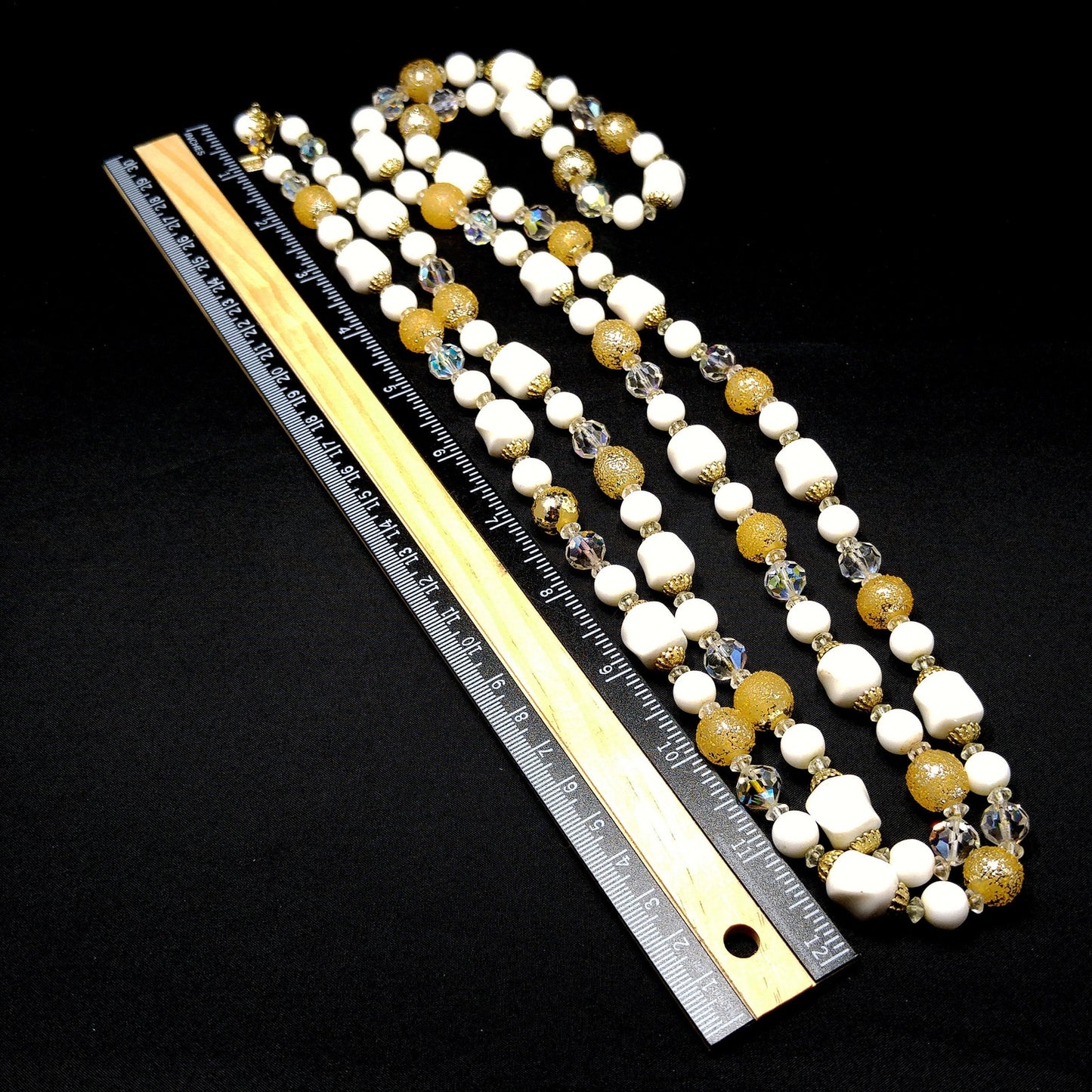 Vendome Long Beaded Crystal & Glass Necklace, Aurora Borealis, Gold Plated, 1960s Vintage Jewelry