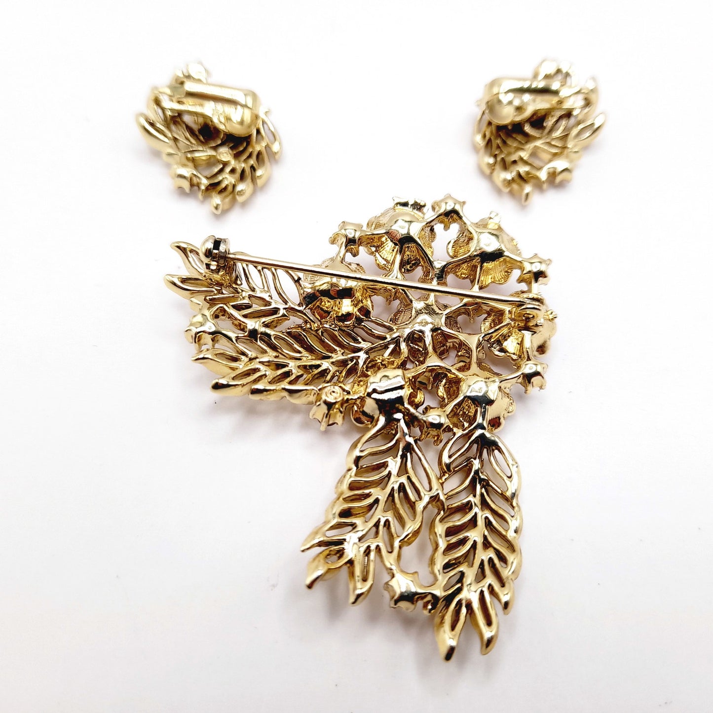 Vintage 1950s Pink Red Rhinestone Brooch Earrings Set, Gold Tone Floral Jewelry, Mid-Century Designer Statement Jewelry