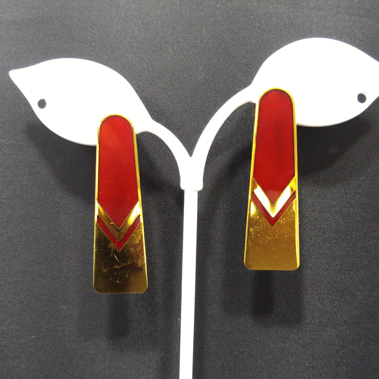 Vintage Laurel Burch Gold Red Chevron Post Earrings, 1980s, Gold Plated