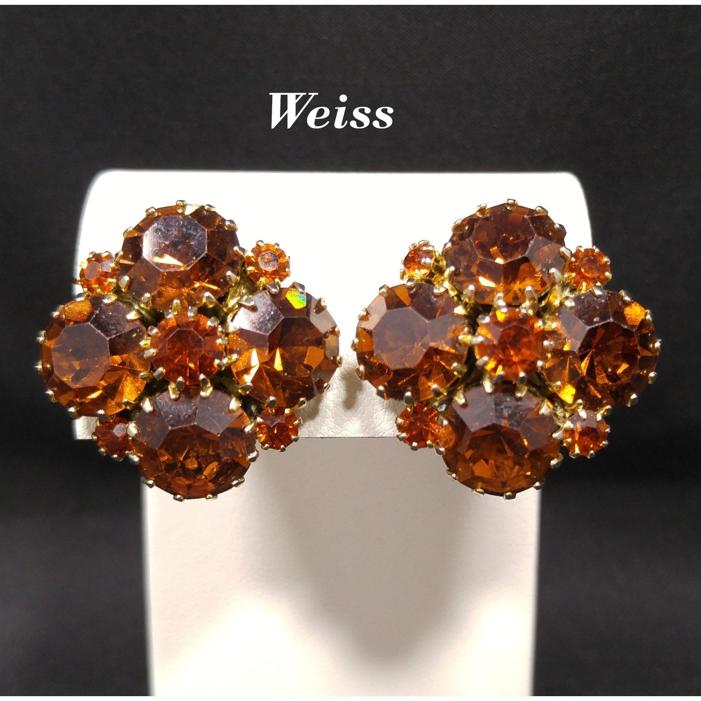 Weiss Topaz Rootbeer Rhinestone Clip Earrings, Gold Plated, Floral Design, 1960s Vintage