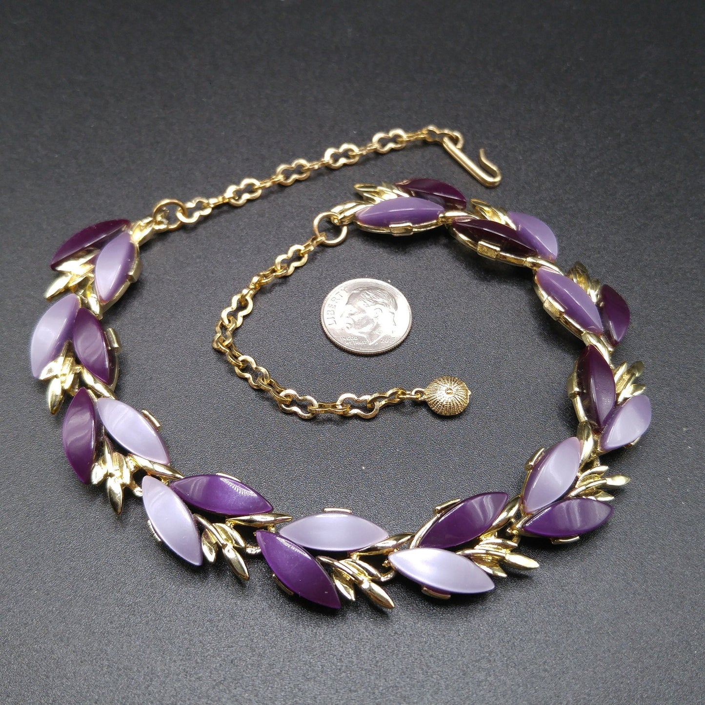 Purple Lavender Lucite Choker Necklace, Mid-Century, Gold Tone, 1950s Vintage Jewelry