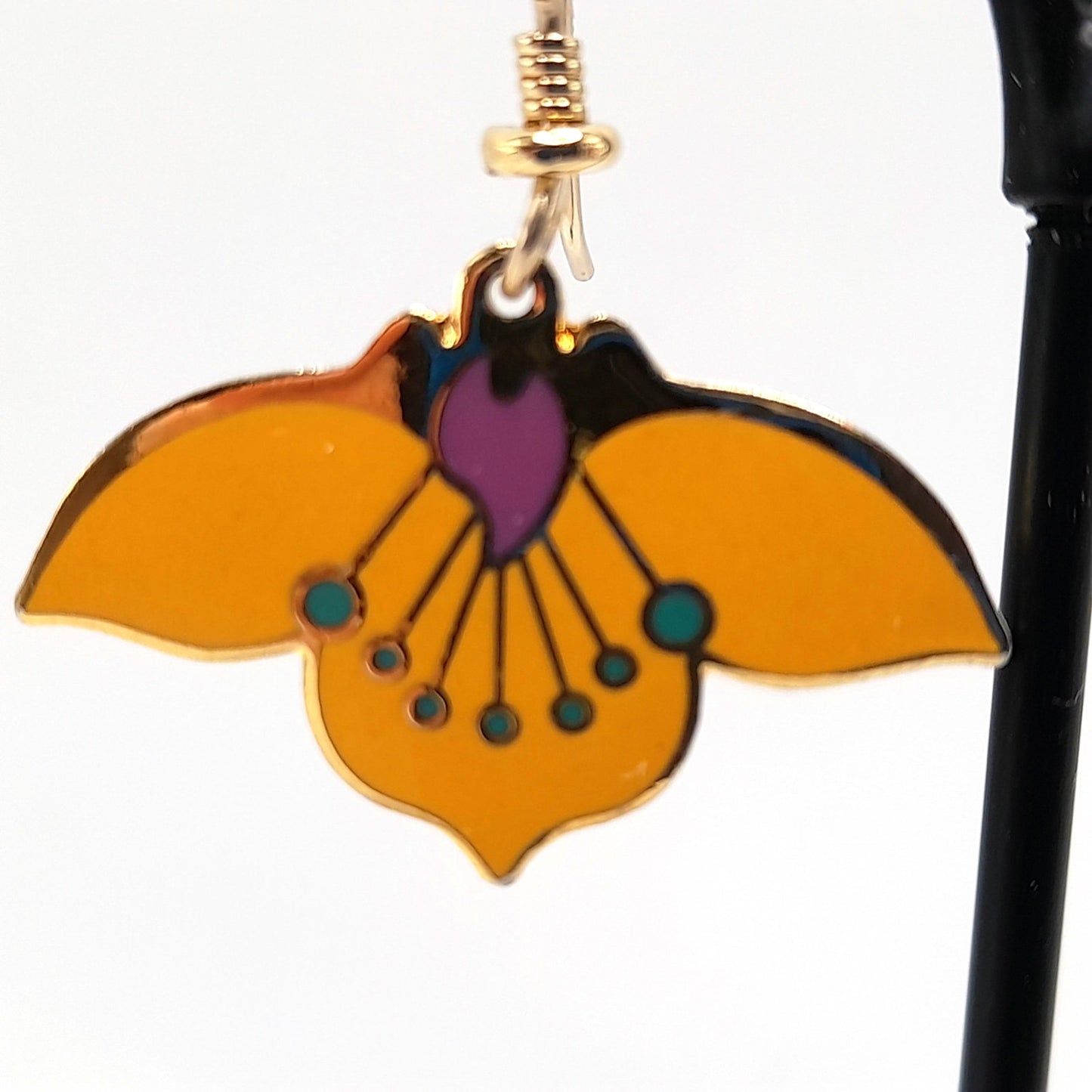 Laurel Burch "Desert Flower" Earrings, Golden Yellow Enamel, Gold Plated Cloisonne, 1980s Vintage Jewelry