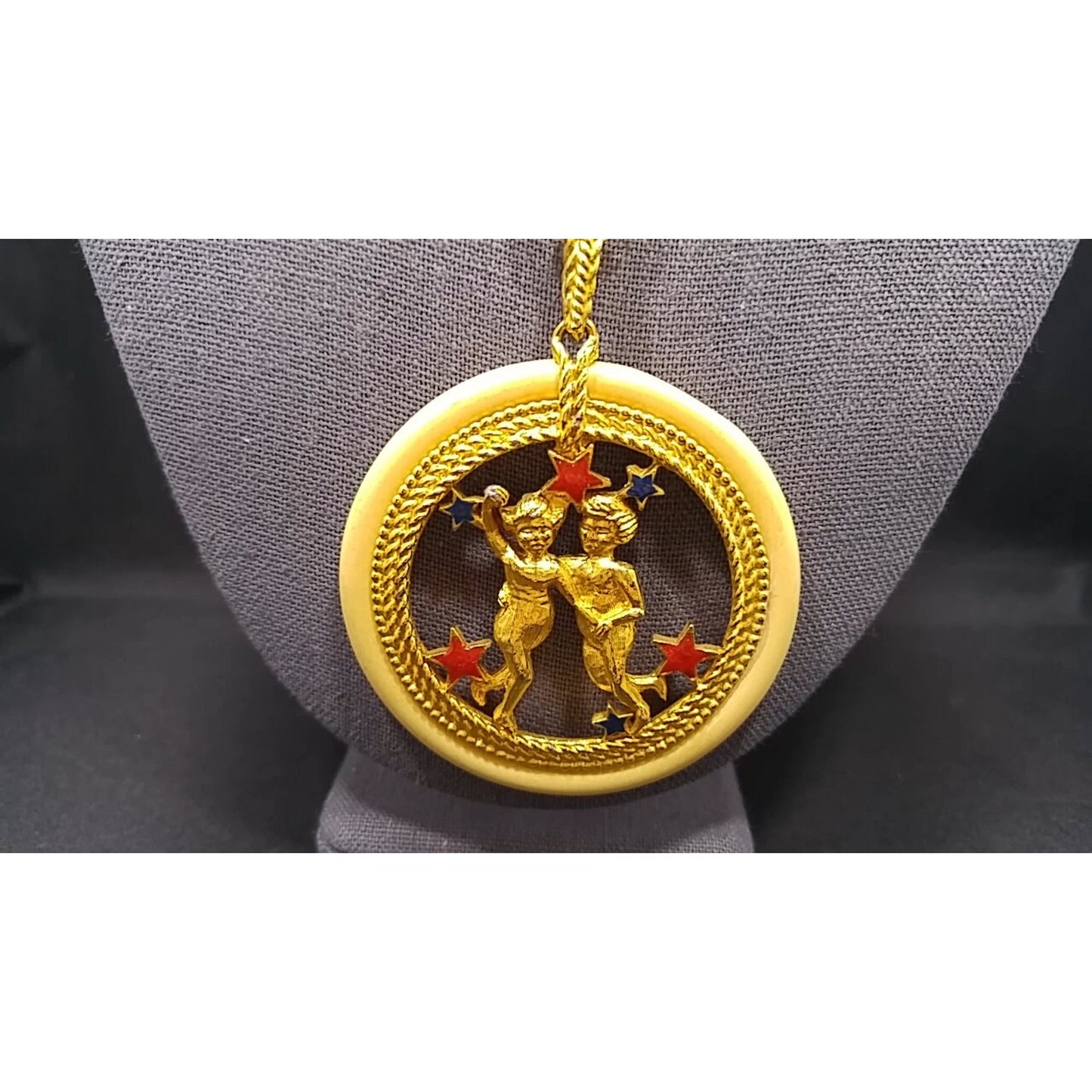 Vintage Zodiac Gemini Enamel Lucite Pendant Necklace, Original Tag, 1960s Vintage Jewelry