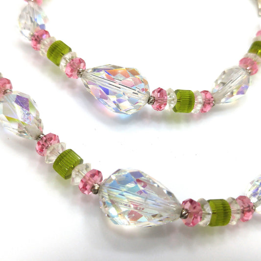 Vendome Crystal Necklace – 1960s Vintage Jewelry with Pear Shaped Swarovski Beads, Pink & Green Accents, 22 Inch Strand