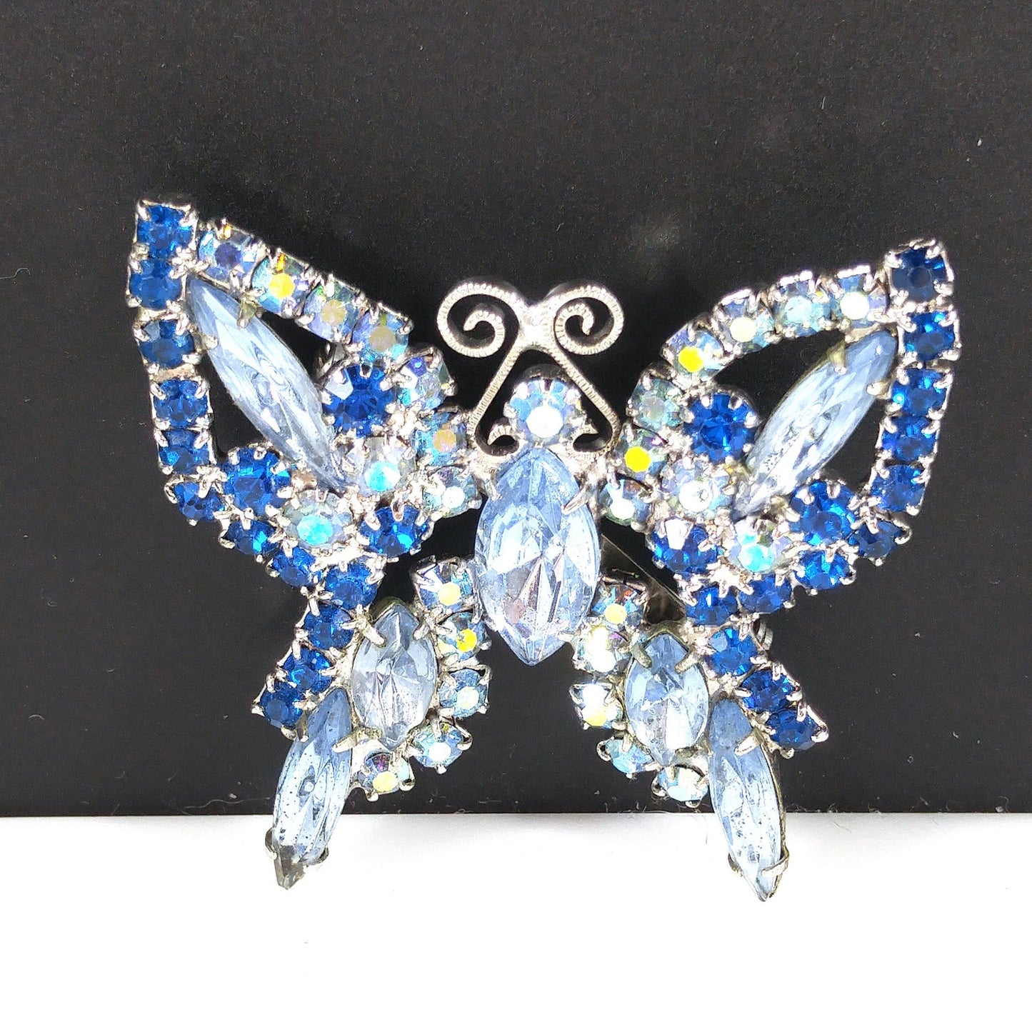 Blue Butterfly Brooch, Aurora Borealis, Rhodium Plated, 1960s Vintage Jewelry